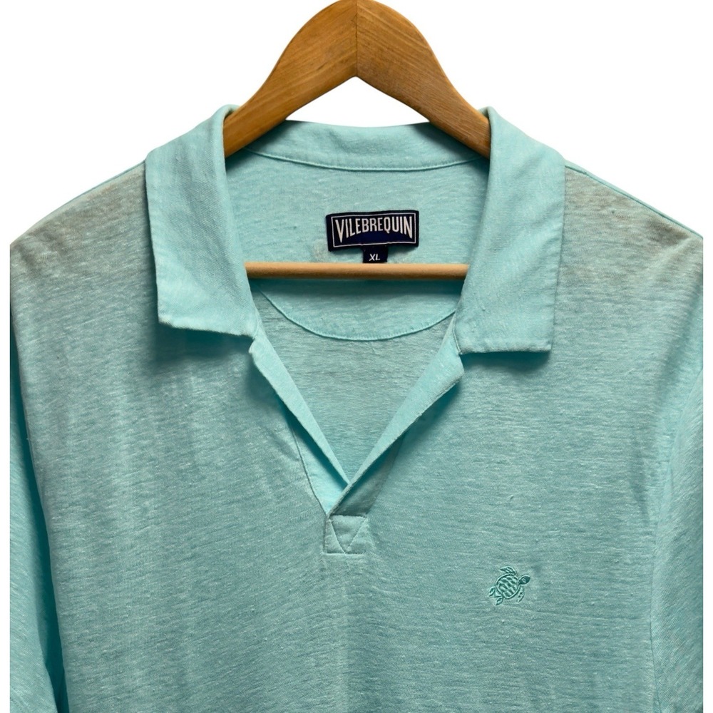 Vilebrequin Mens Size XL Seafoam Green Linen Turtle Logo Pullover Beach Polo euc